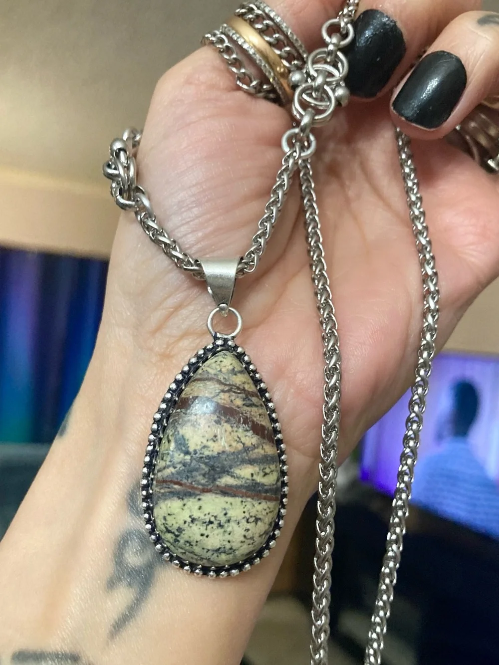 Jasper zebra gemstone Celtic knot steel boho chain necklace